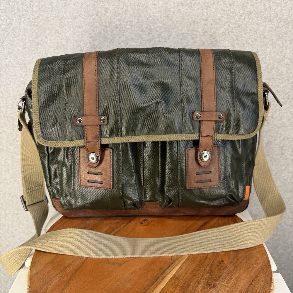 Fossil Canvas Leather Trim Laptop Briefcase Crossbody Green Bag Brass Hardware